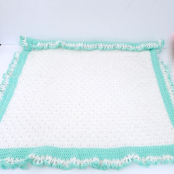 Handmade Crochet Baby Blanket Unisex Girl Boy Cream, Green 34x34, Gender Neutral - Picture 2 of 3
